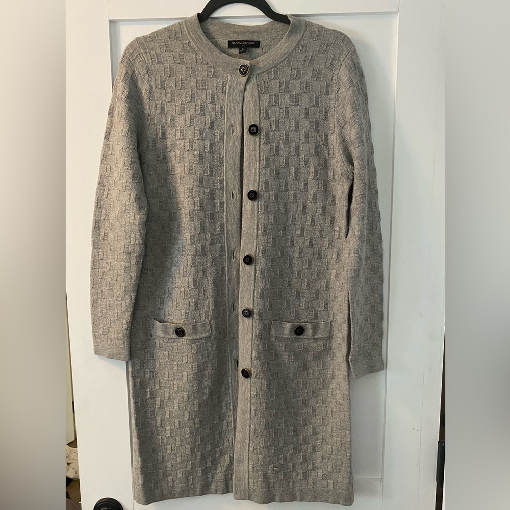 BananaRepublic, button up cardigan. Gray w/black/gold buttons size Small